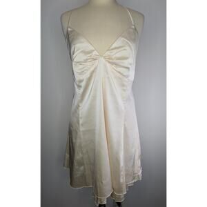 Forever 21+ Ivory Cream Golden Satin Slip Dress Women's 1X EUC Tie Neck Lined